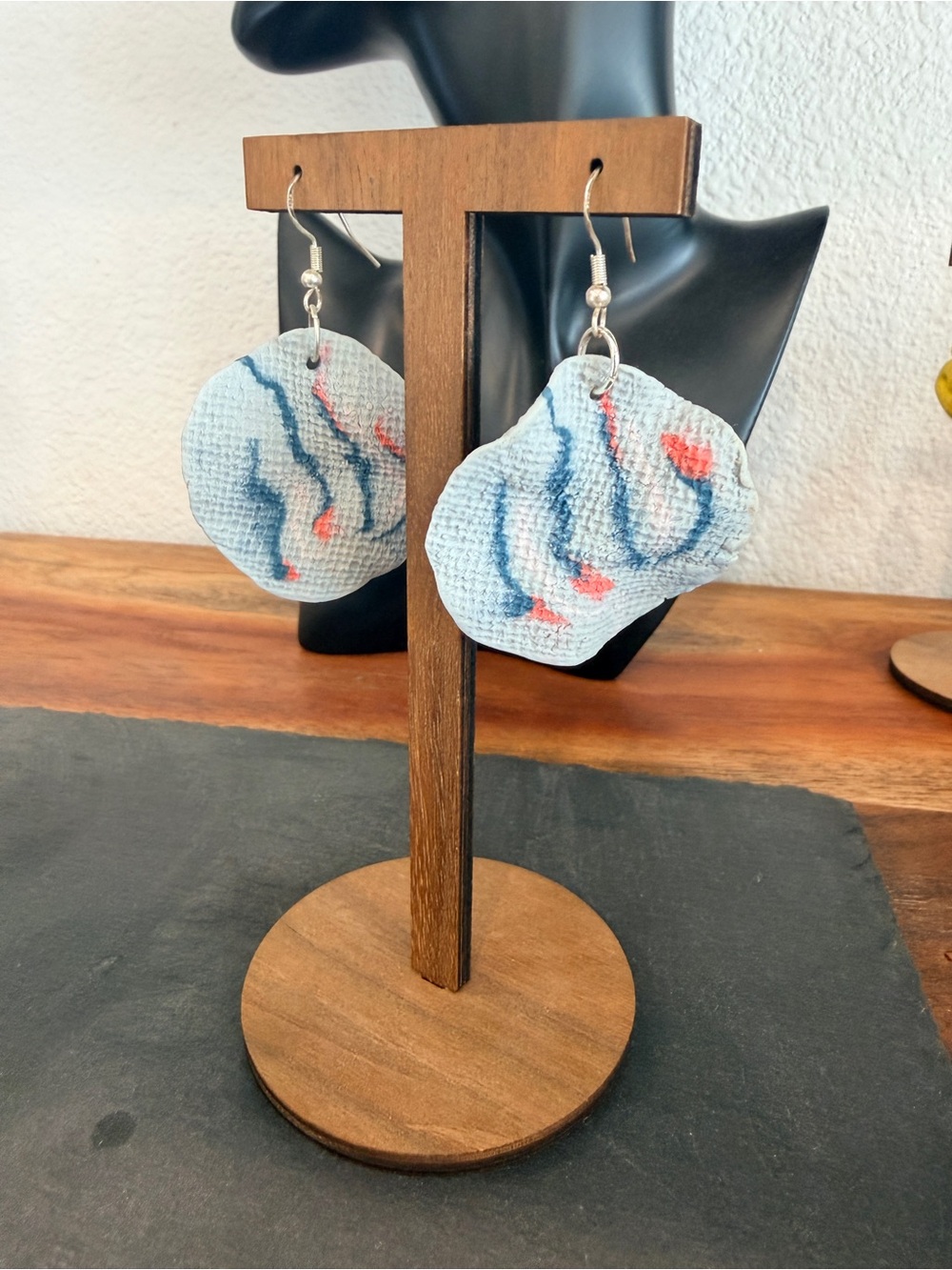 Handmade Light Blue Textured Drop Earrings with Navy & Coral Accents